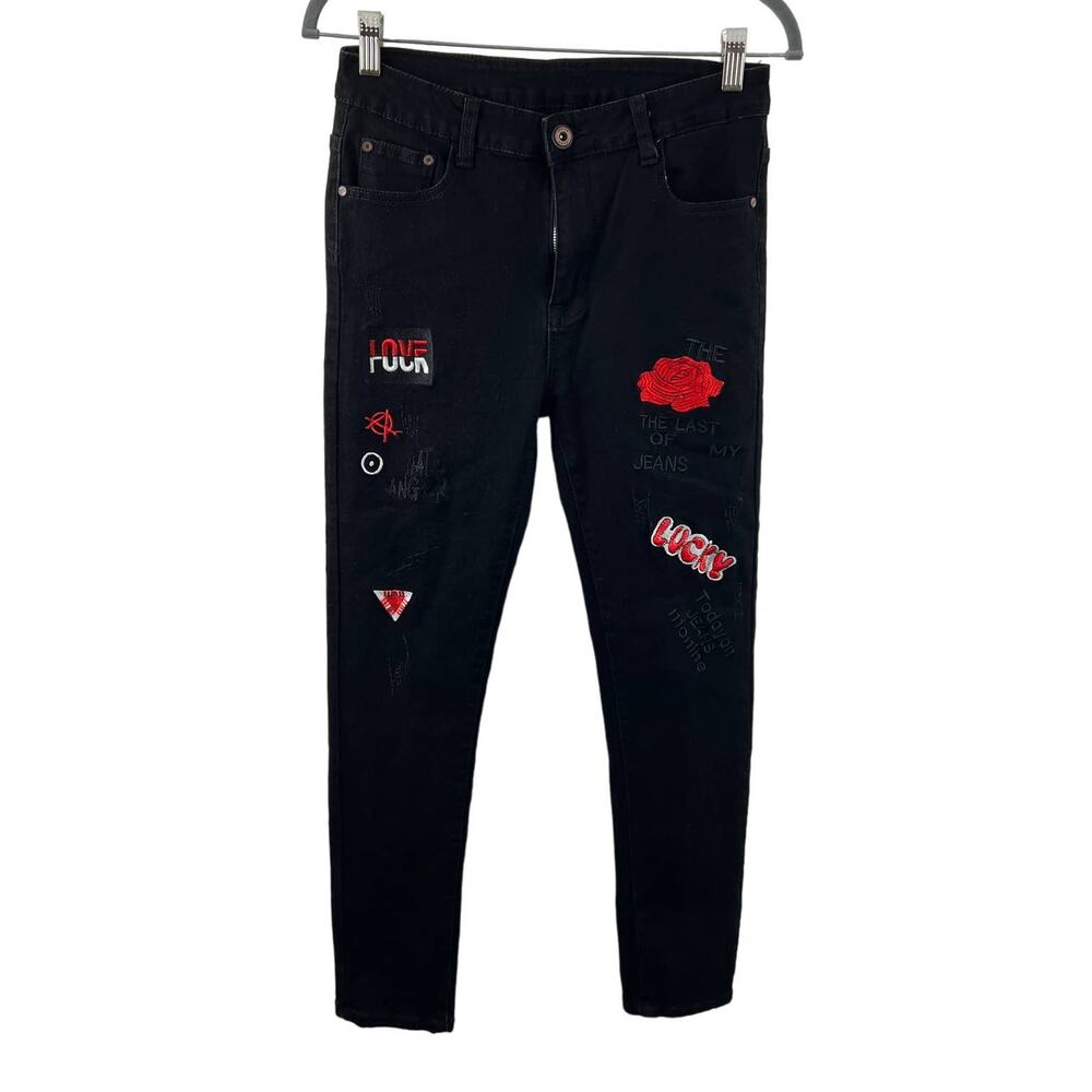 Fashion Denim Black 28 Jeans Cotton Flower Letters Embroidery Stretch Skinny Leg